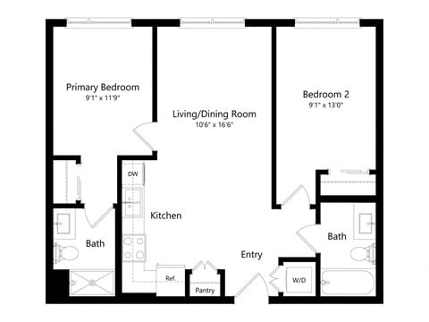 Floor plan for 2 beds, 2 baths, 779 sqft